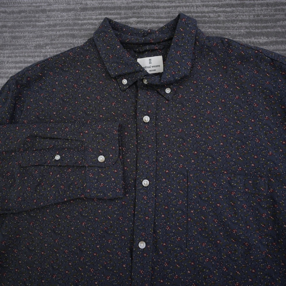 Mutual Weave Shirt Men Navy Chambray Floral Button Up Long Sleeve Shirt New 2XL
